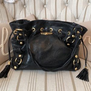 Elliott Lucca Distressed Patent Leather Black Bag